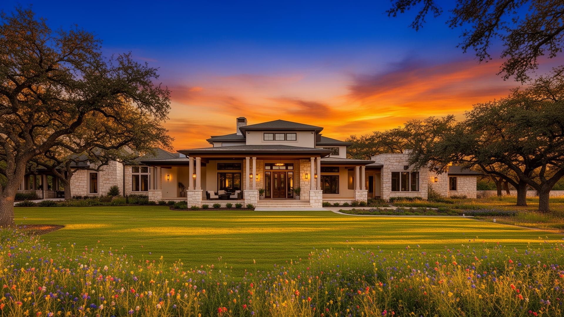 Modern luxury hilltop home at golden hour